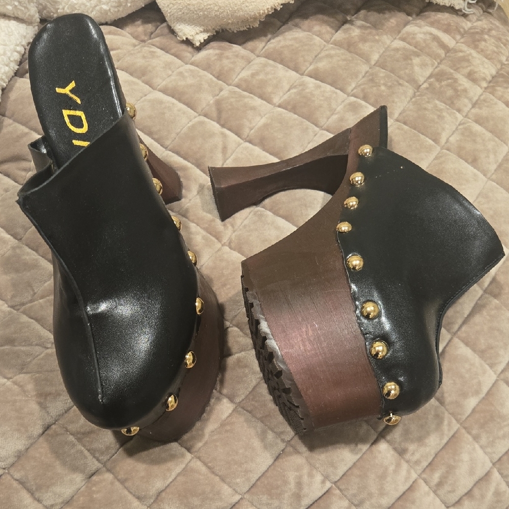 YDN Black and Brown Studded Mules Clogs